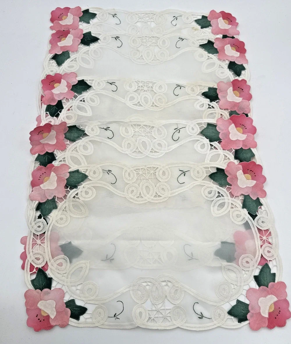 VTG Embroidered Lace Applique Placemats Set 5 Pink Floral Sheer Cottage Chic